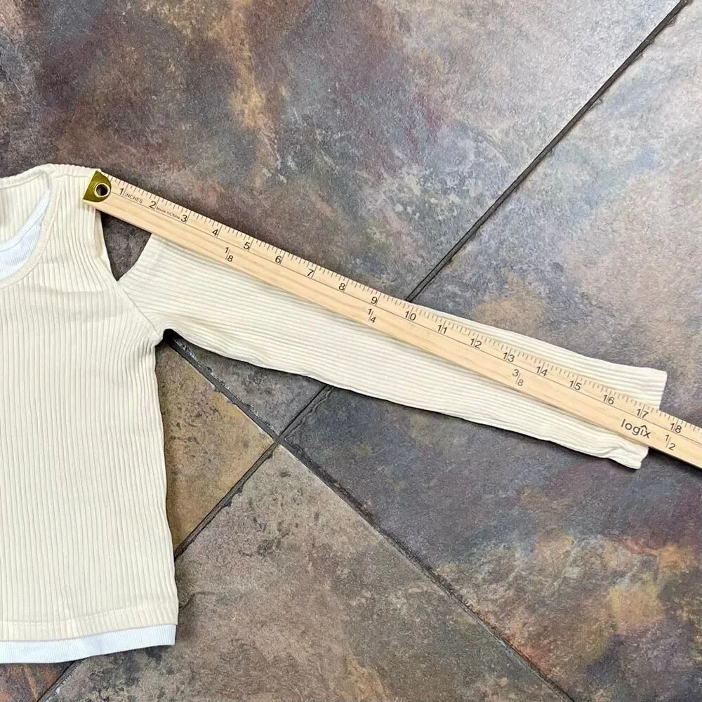 Zara Girls Cream Ribbed Long Sleeve Cold-Shoulder Cutouts Layered Top 8-9